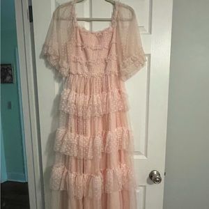 J.ING Pink Swiss Dot Mesh Ruffle Tiered Midi Dress